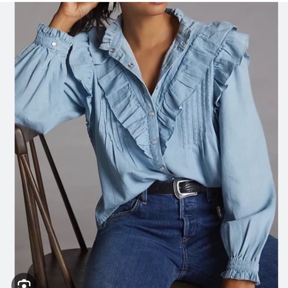 Love the Label Denim Ruffle Button Down